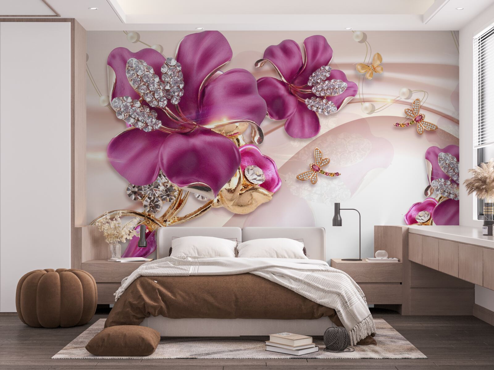 Papier peint les fleurs sont violettes avec un cœur pierreux