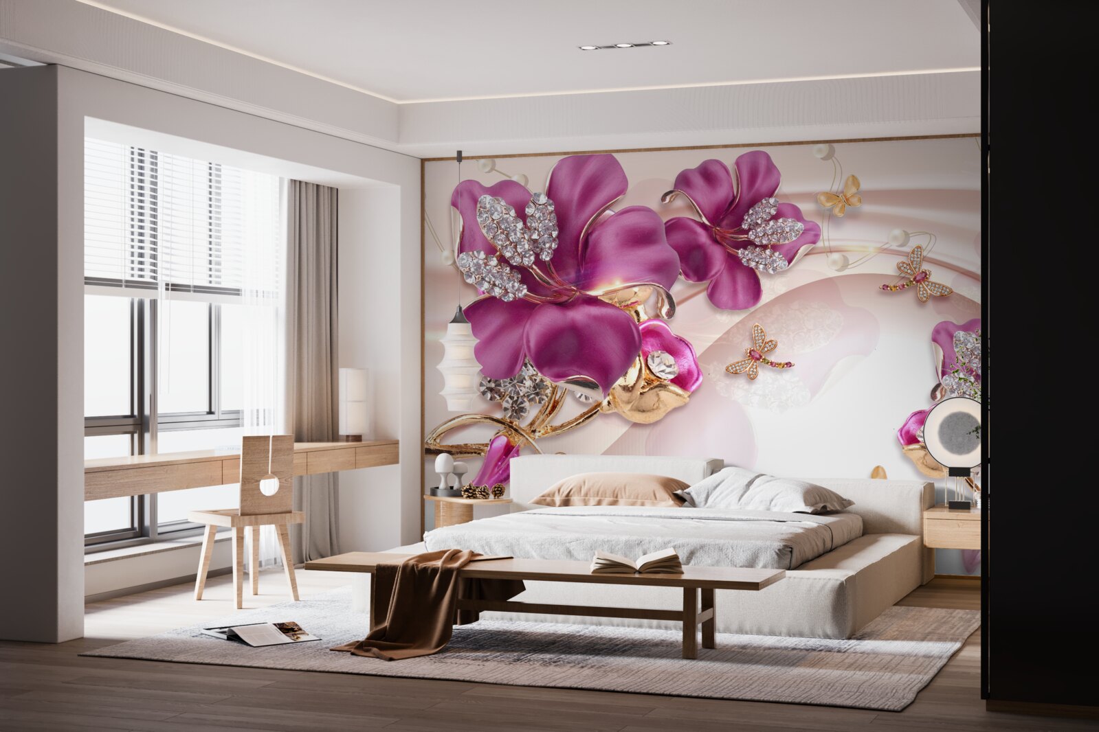 Papier peint les fleurs sont violettes avec un cœur pierreux