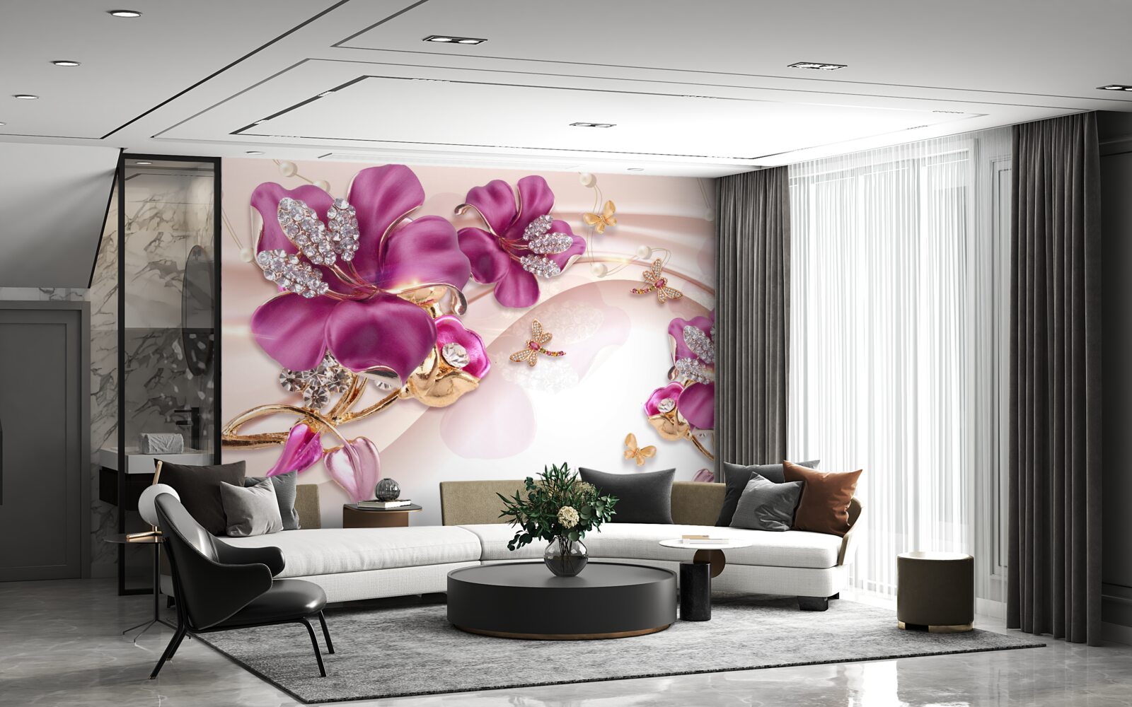 Papier peint les fleurs sont violettes avec un cœur pierreux