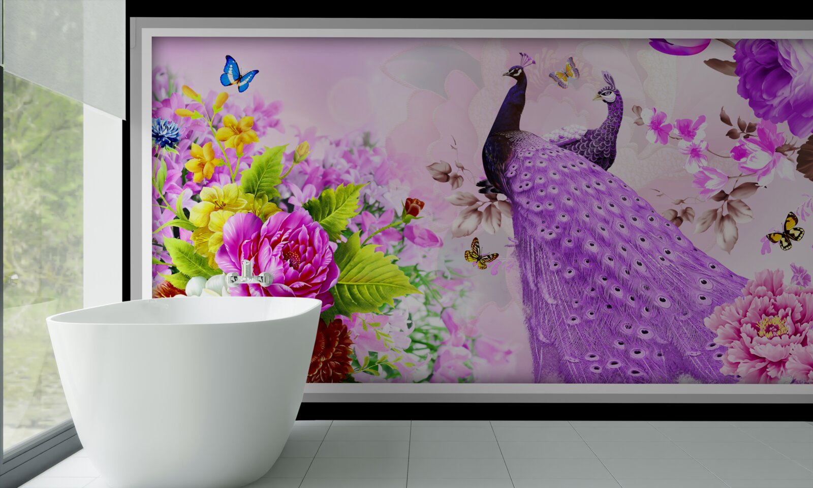 Papier peint parmi les fleurs, deux paons violets