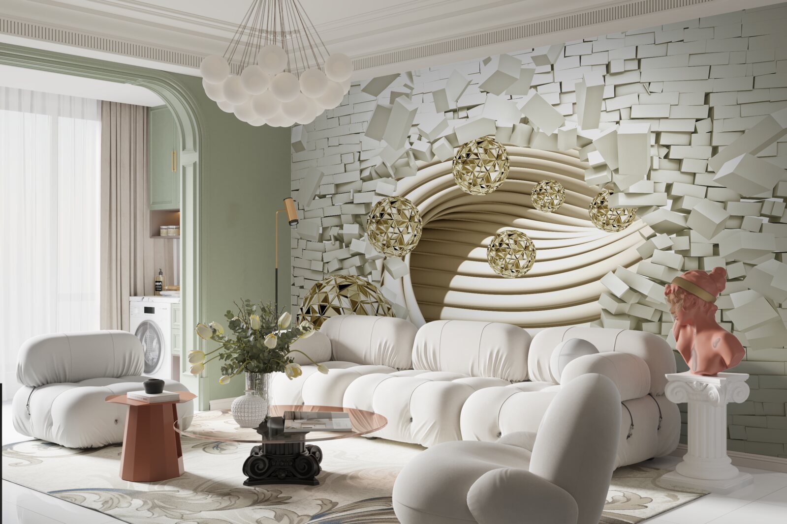 Papier peint les boules conceptuelles se fracassent sur un mur de briques