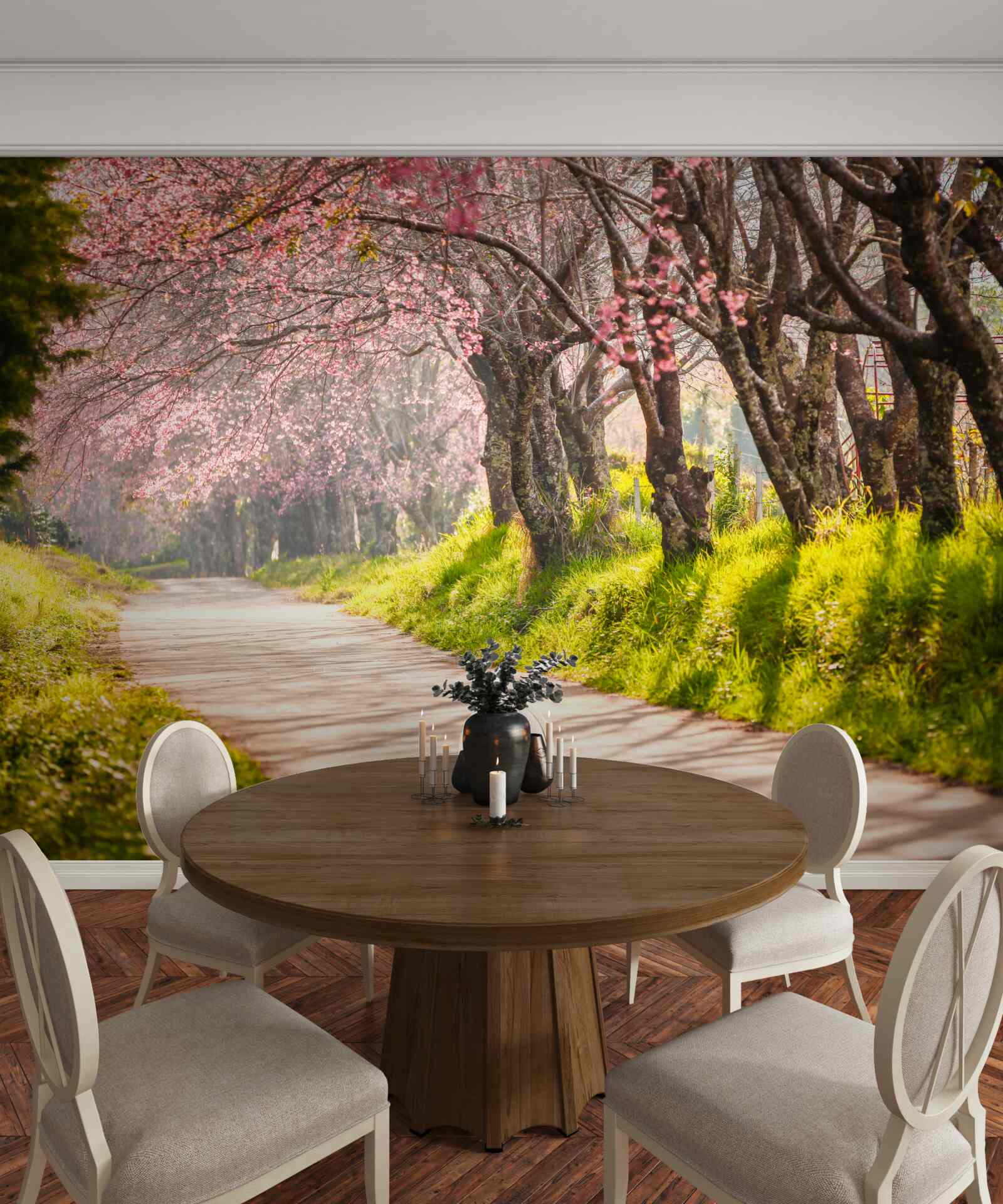 Papier peint arbres en fleurs le long d'une route tranquille