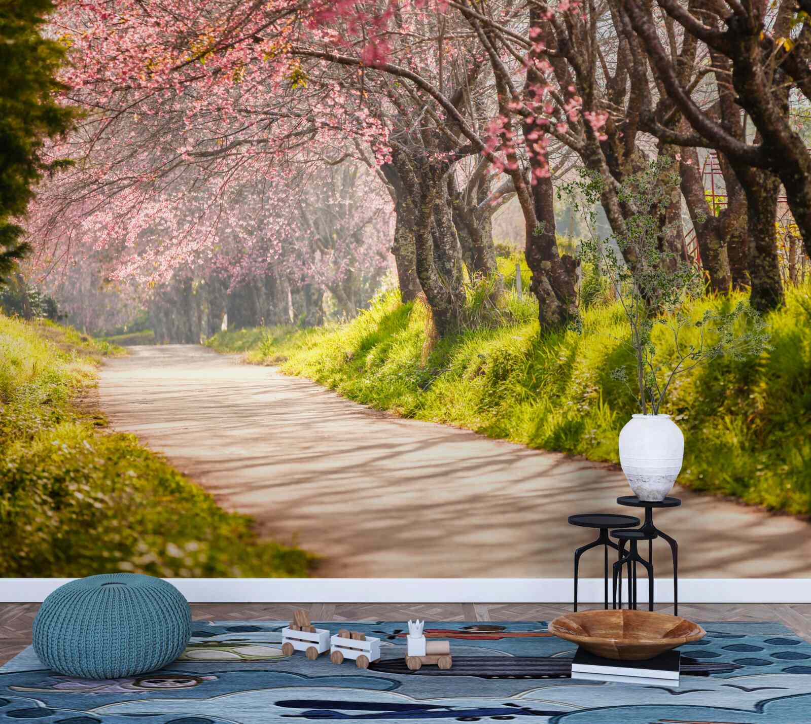 Papier peint arbres en fleurs le long d'une route tranquille
