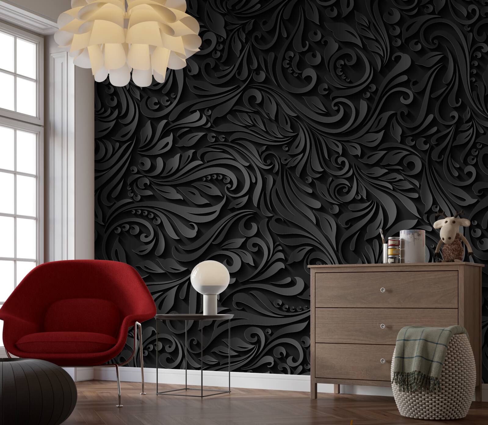 Papier peint feuilles avec motifs noirs