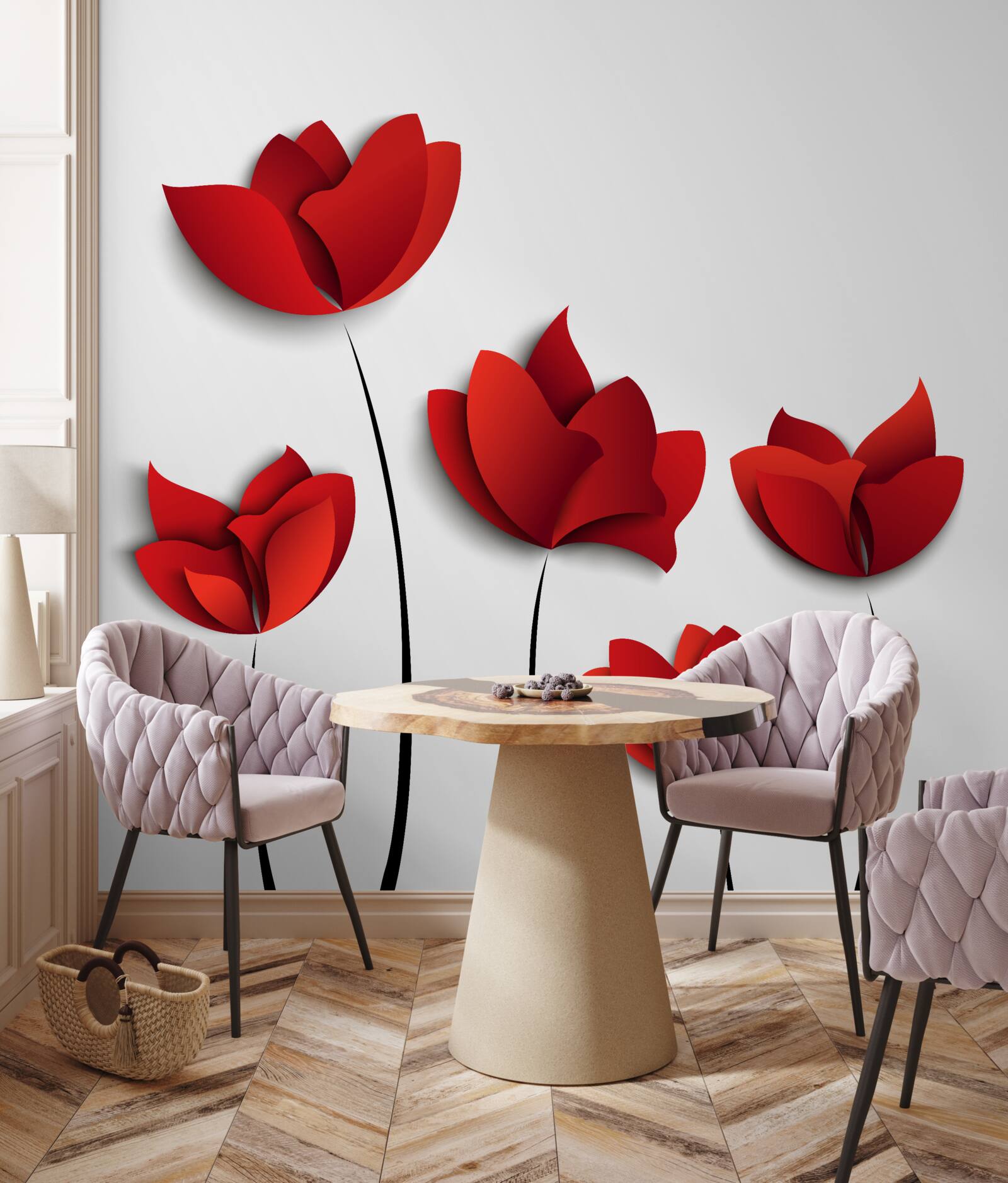 Papier peint fleurs de couleur rouge sur fond de pureté blanche
