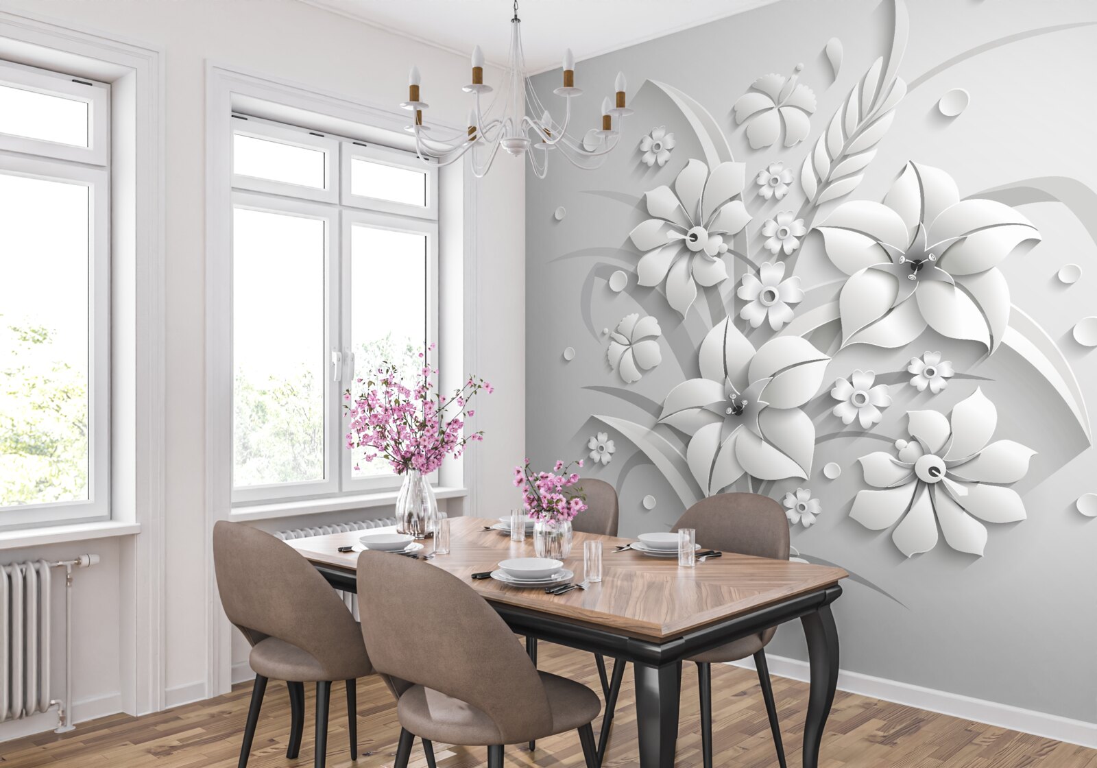 Papier peint fleurs blanches comme du lait, sur fond blanc