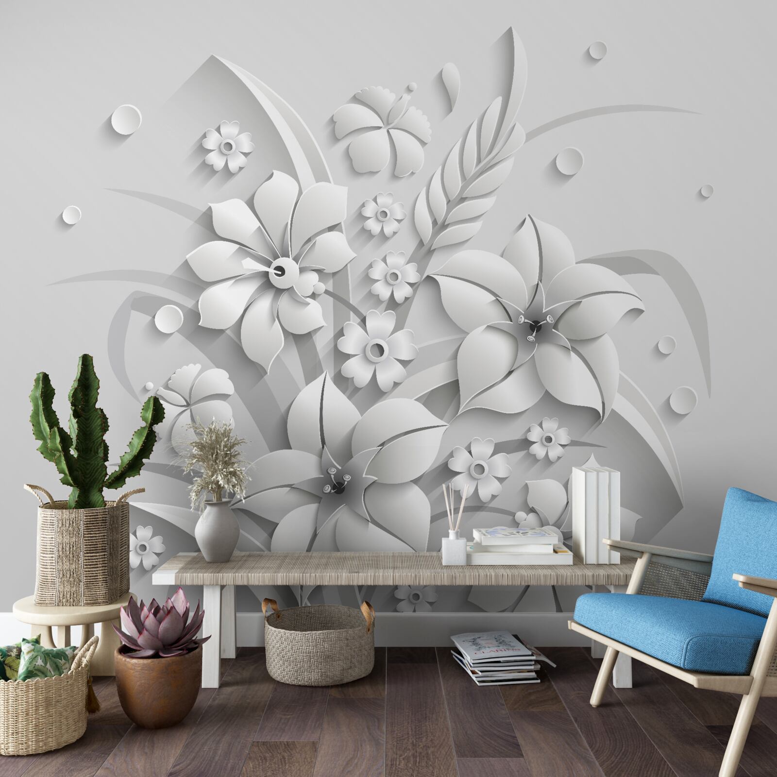 Papier peint fleurs blanches comme du lait, sur fond blanc