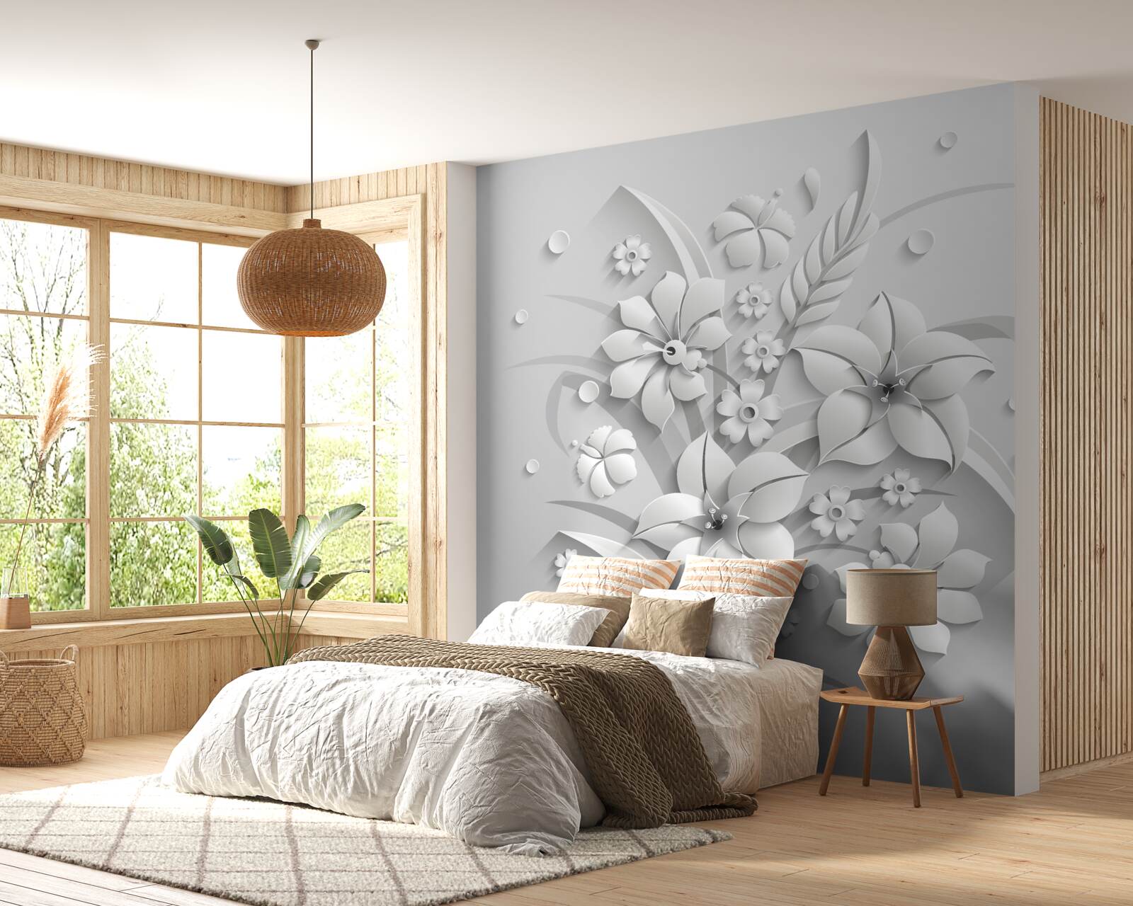 Papier peint fleurs blanches comme du lait, sur fond blanc