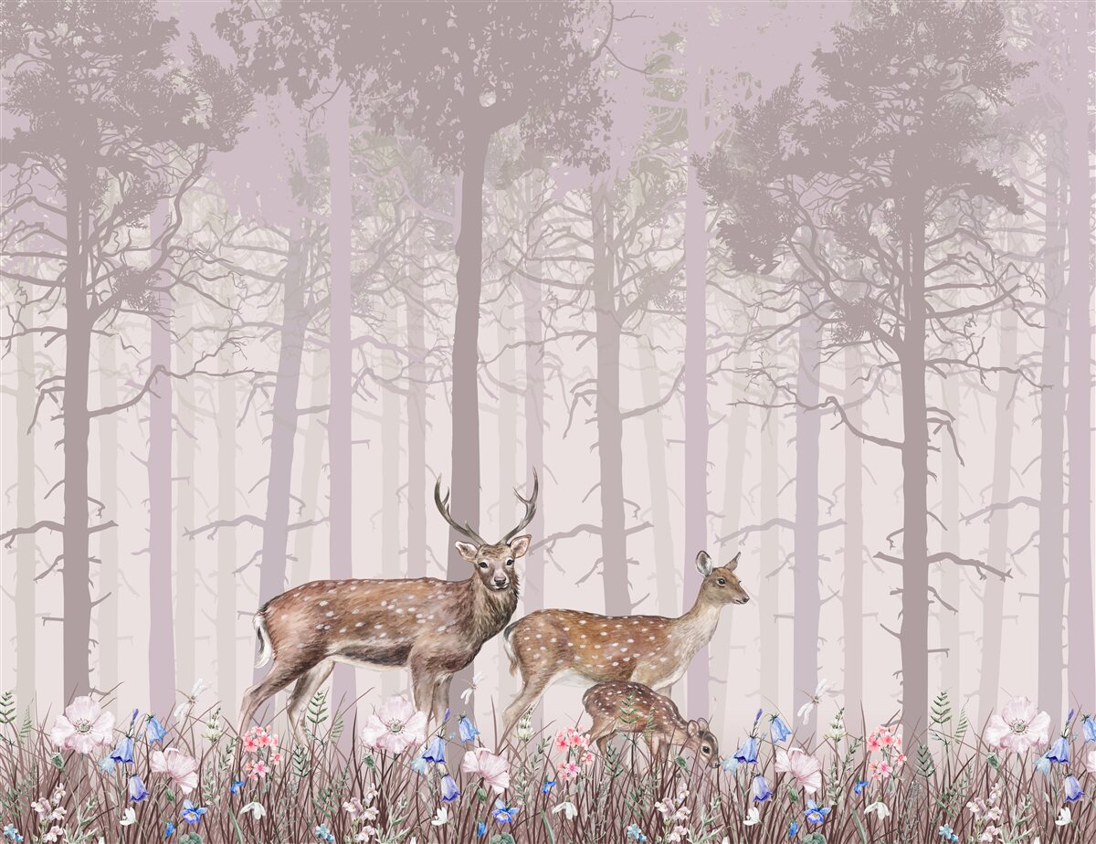 Papier peint groupe de cerfs dans une forêt de pins brumeuse