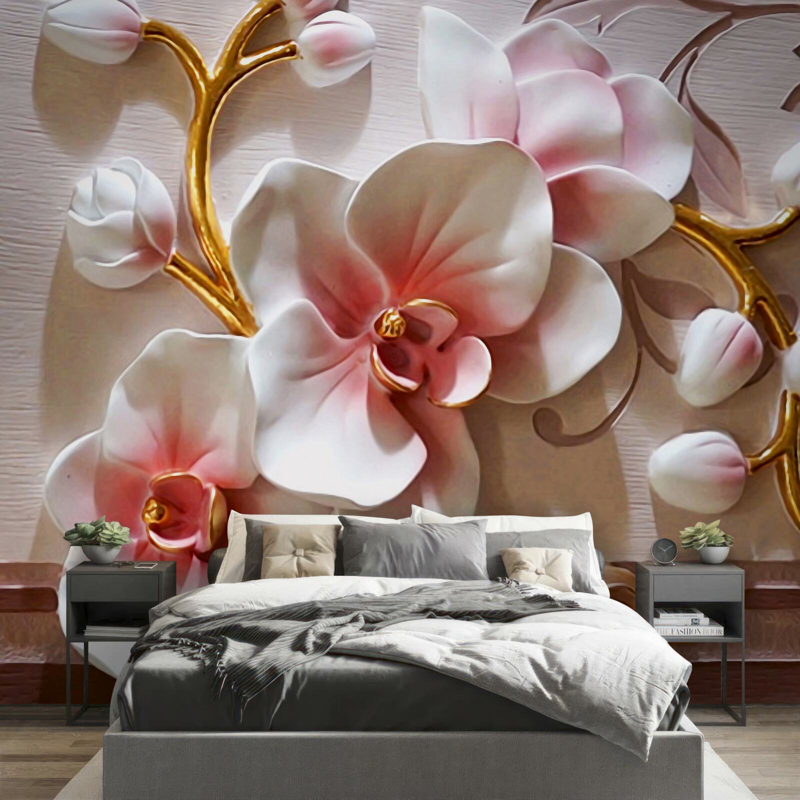 Papier peint orchidées majestueuses en fleurs et bourgeons non ouverts