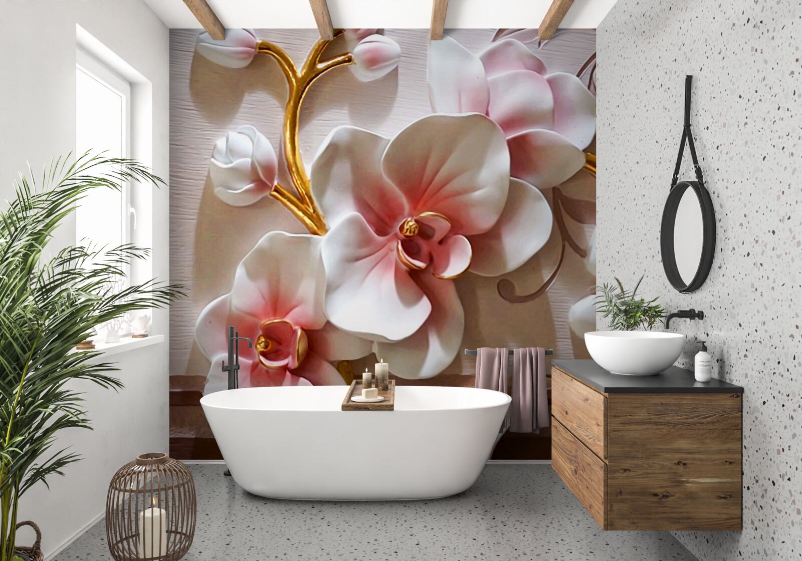 Papier peint orchidées majestueuses en fleurs et bourgeons non ouverts