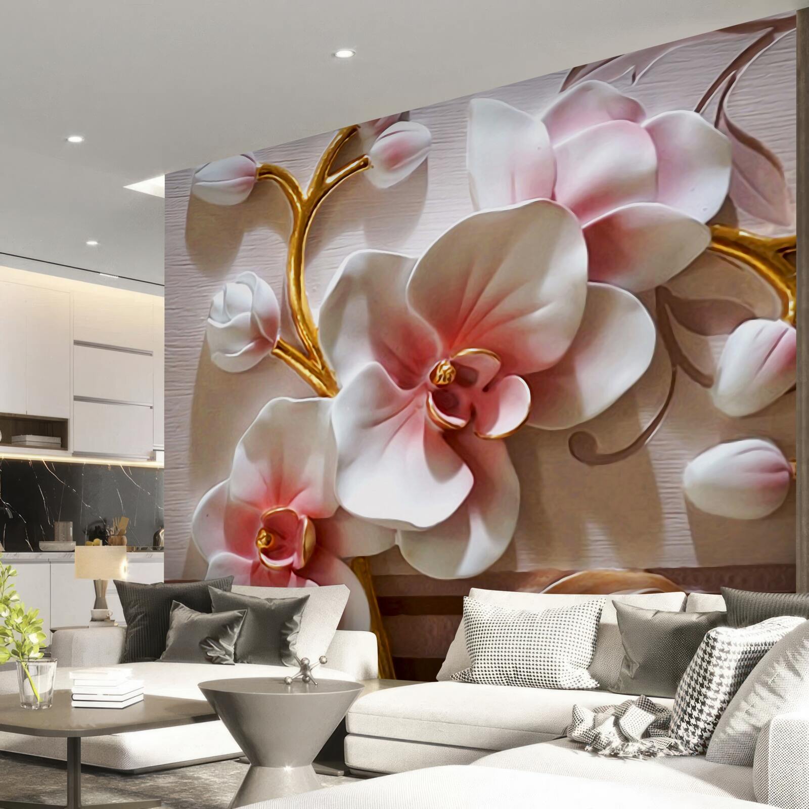 Papier peint orchidées majestueuses en fleurs et bourgeons non ouverts