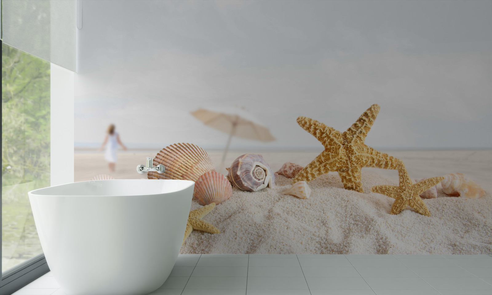 Papier peint des étoiles de mer et des coquillages reposent sur le sable