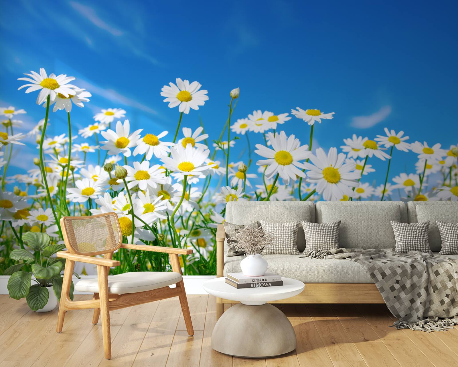 Papier peint fleurs de camomille dans un champ sur fond de ciel bleu