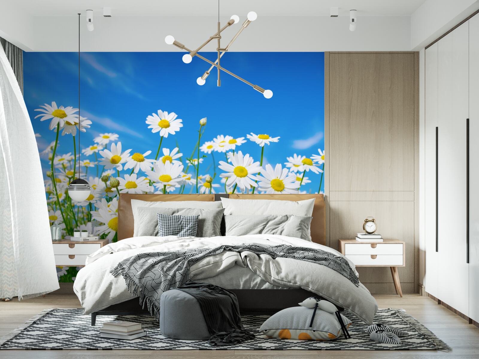 Papier peint fleurs de camomille dans un champ sur fond de ciel bleu