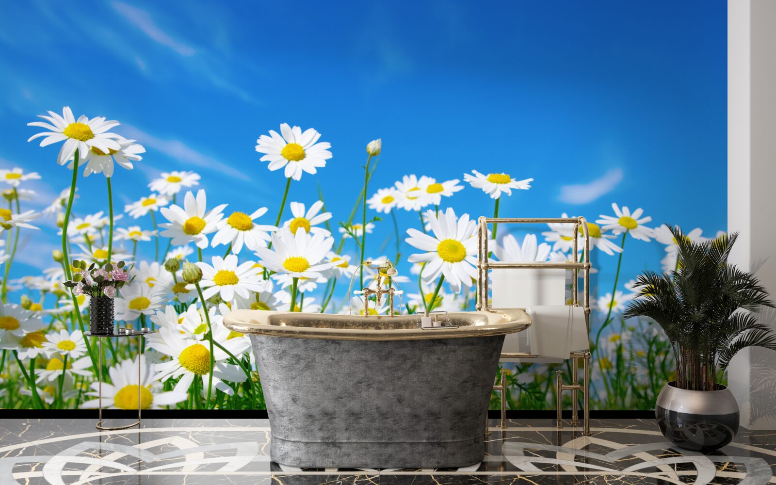 Papier peint fleurs de camomille dans un champ sur fond de ciel bleu