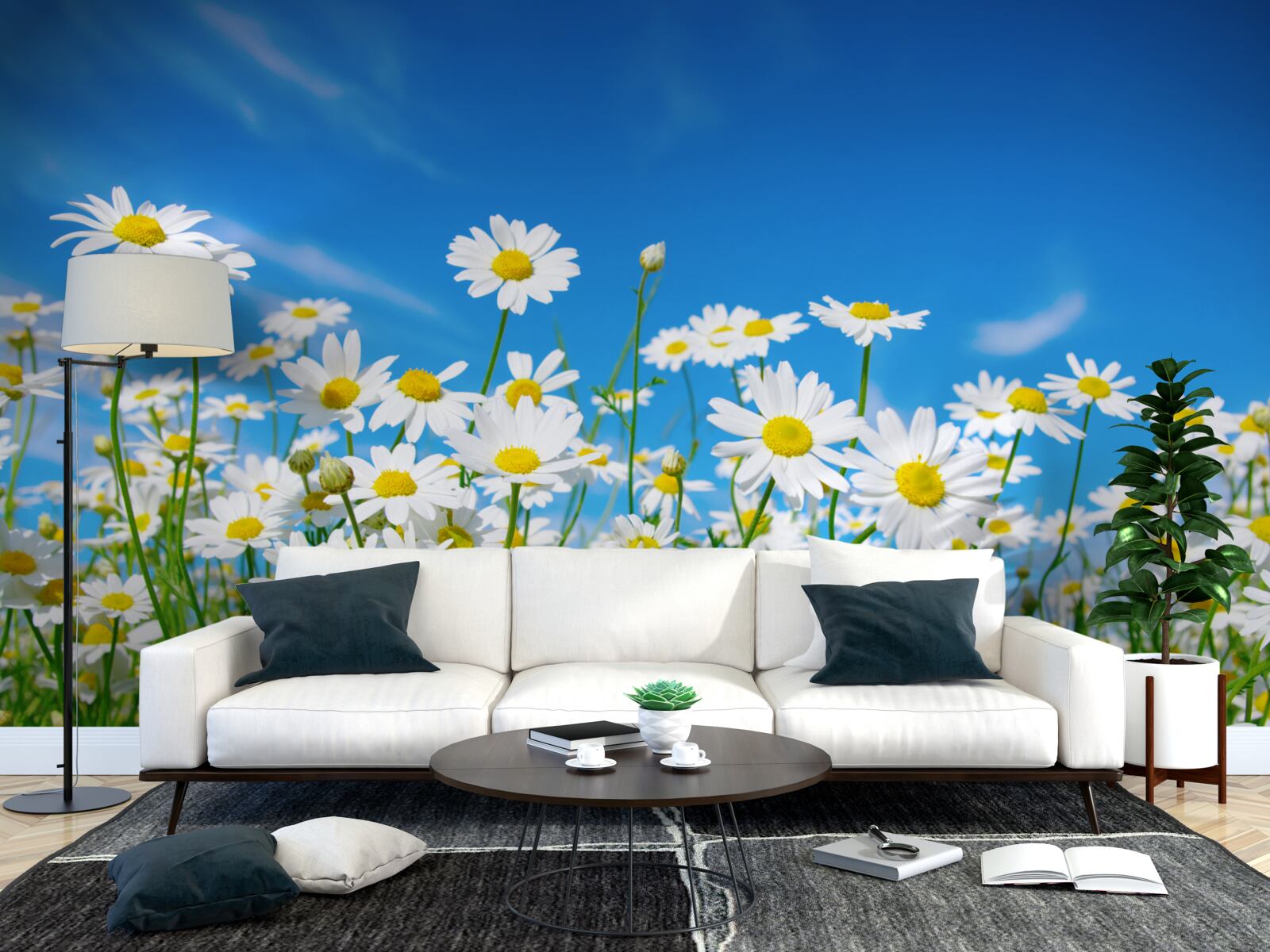 Papier peint fleurs de camomille dans un champ sur fond de ciel bleu
