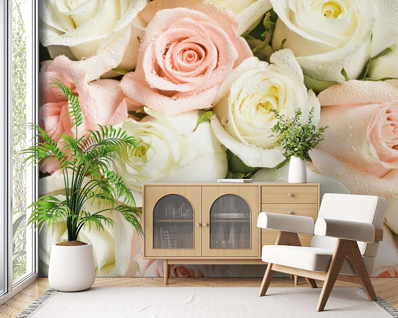 Papier peint bouquet de roses beige-rose, plein de délicatesse