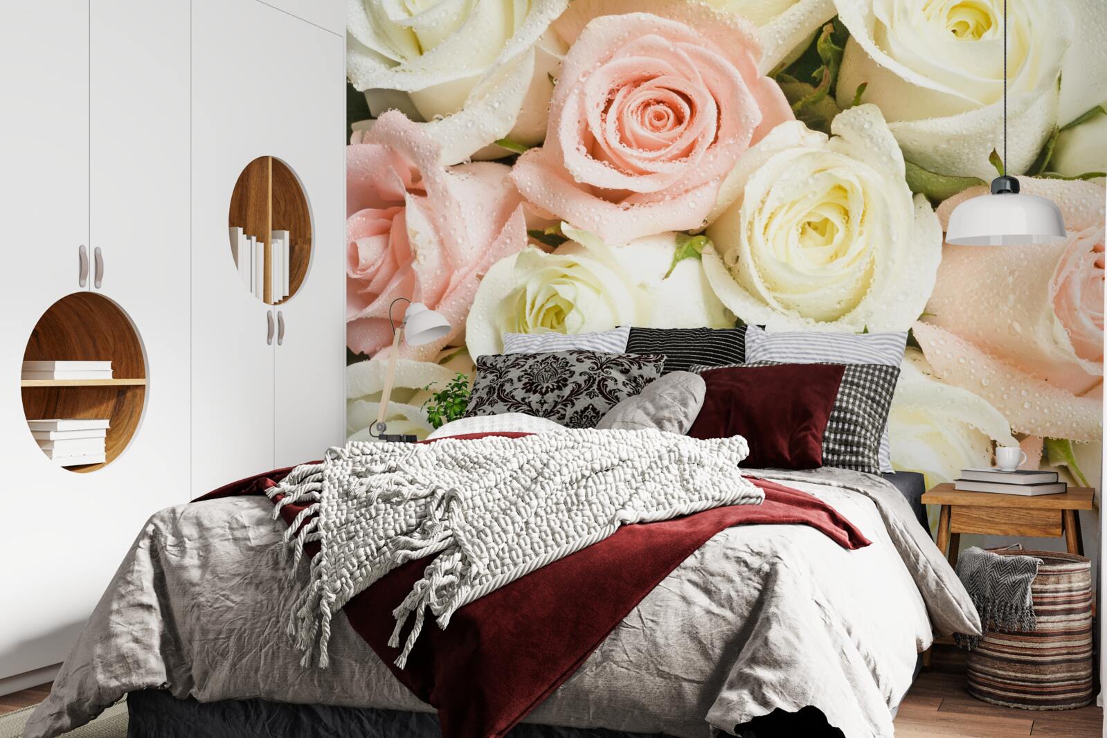 Papier peint bouquet de roses beige-rose, plein de délicatesse