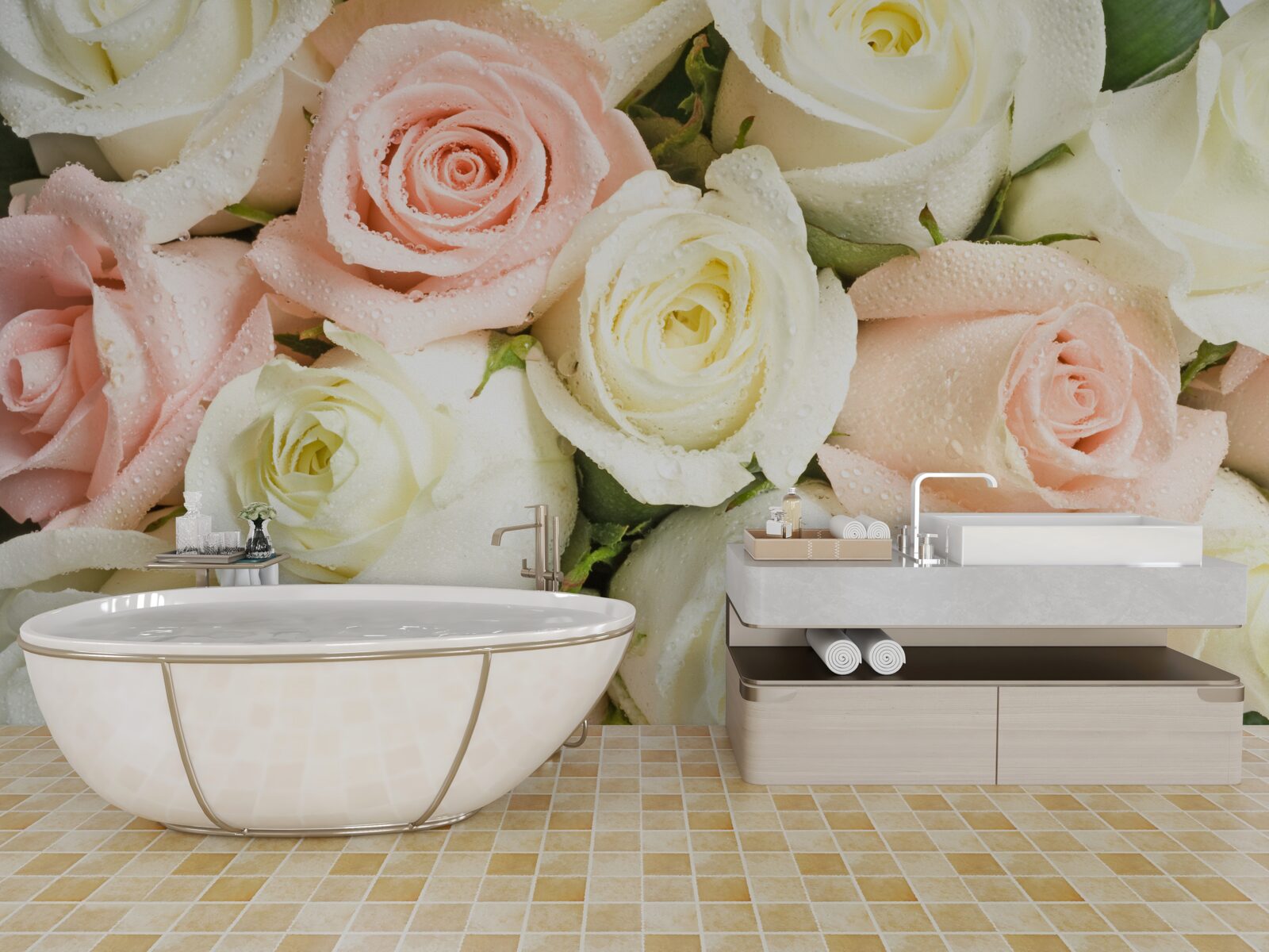 Papier peint bouquet de roses beige-rose, plein de délicatesse