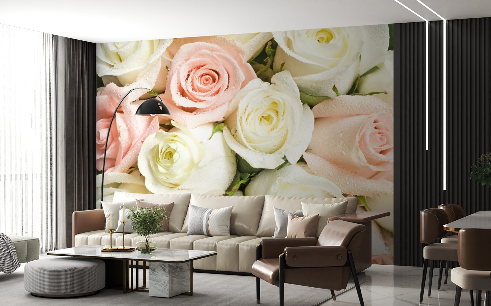 Papier peint bouquet de roses beige-rose, plein de délicatesse