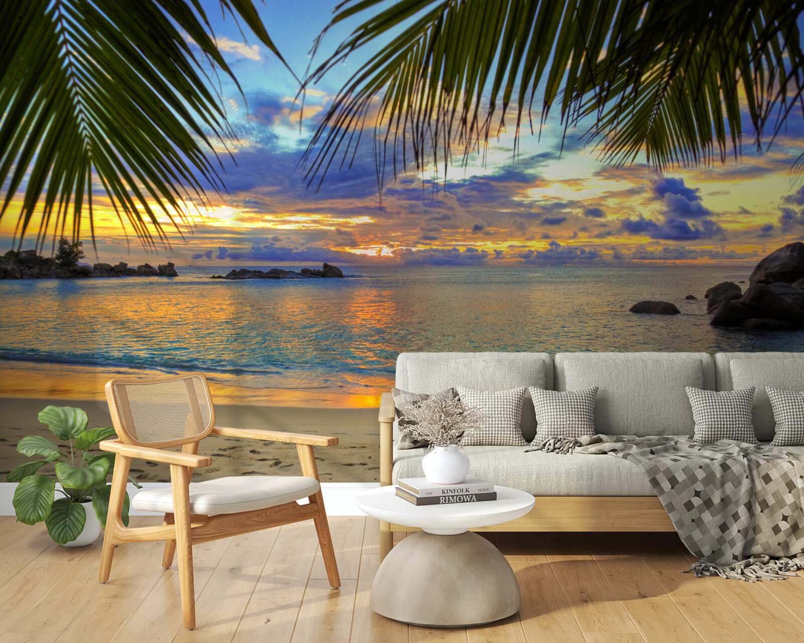 Papier peint le rivage est entouré d'un paisible coucher de soleil tropical