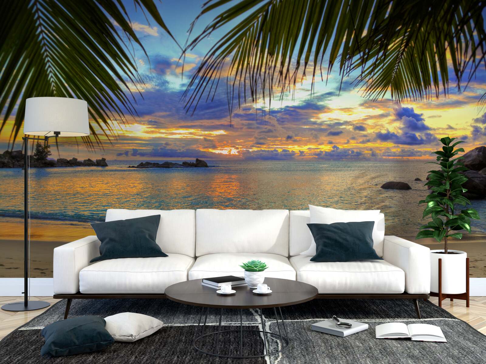 Papier peint le rivage est entouré d'un paisible coucher de soleil tropical