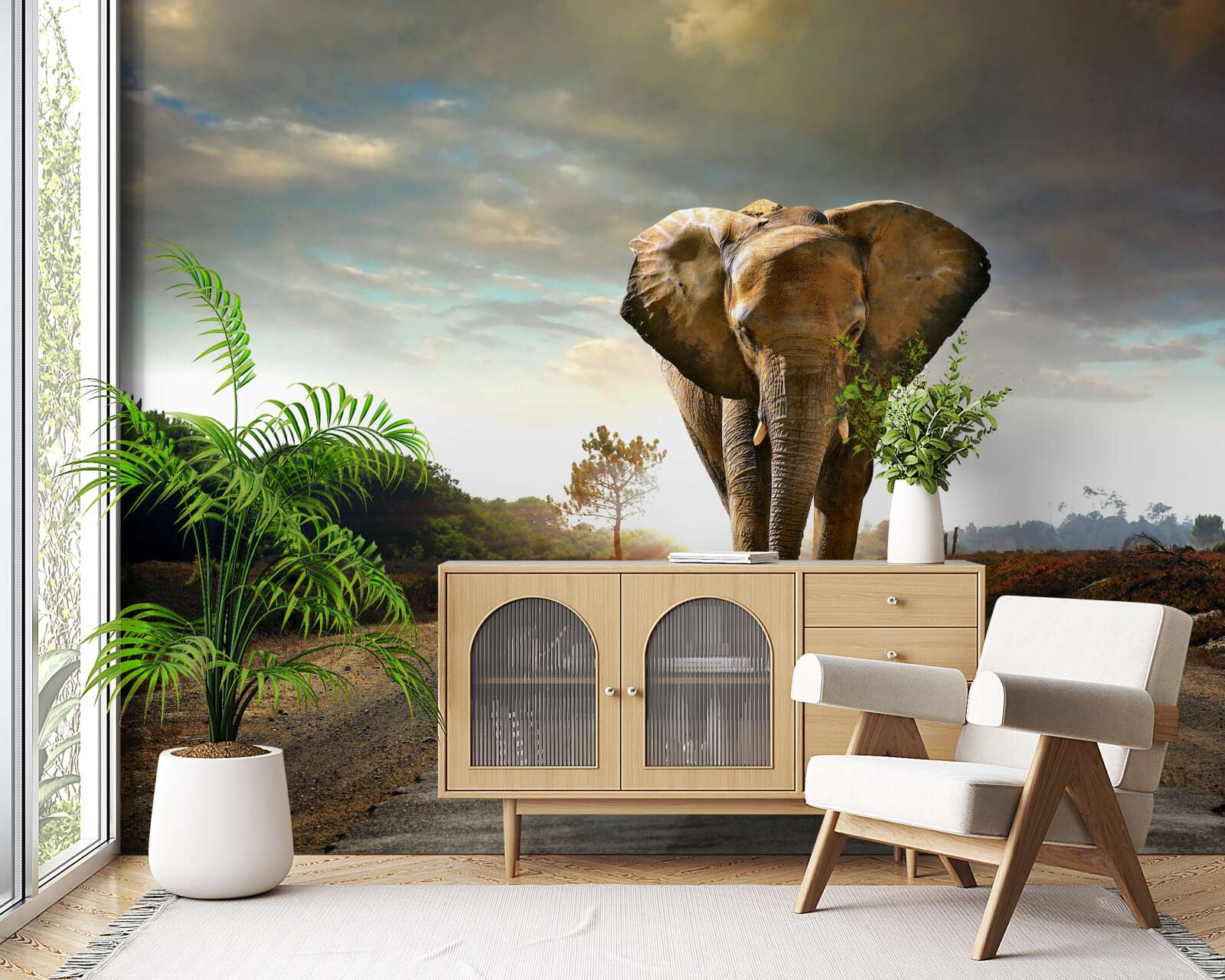 Papier peint le coucher de soleil rencontre les marches de l'elephant