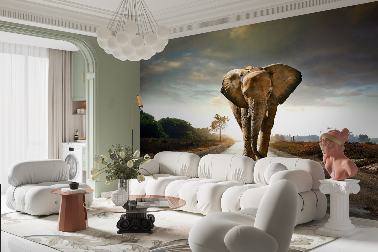 Papier peint le coucher de soleil rencontre les marches de l'elephant