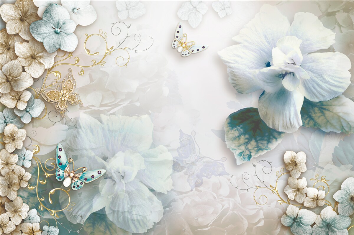 Papier peint papillons et fleurs dans les tons de turquoise