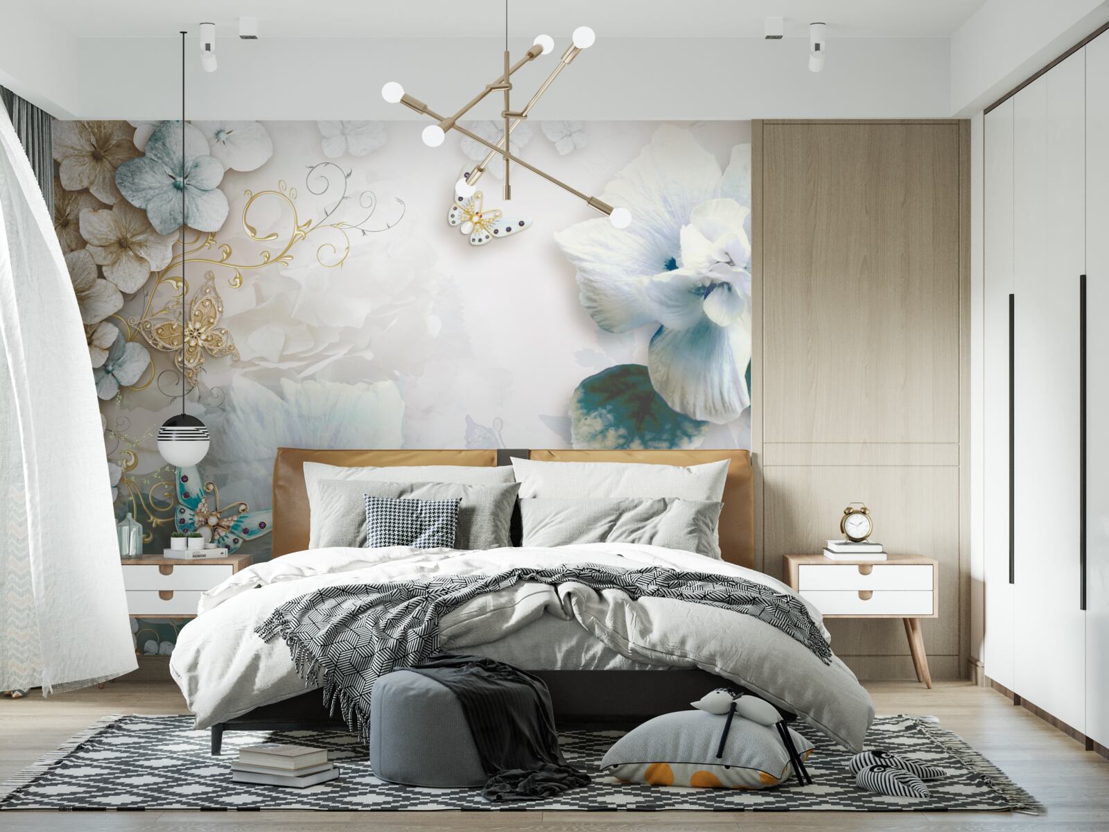 Papier peint papillons et fleurs dans les tons de turquoise
