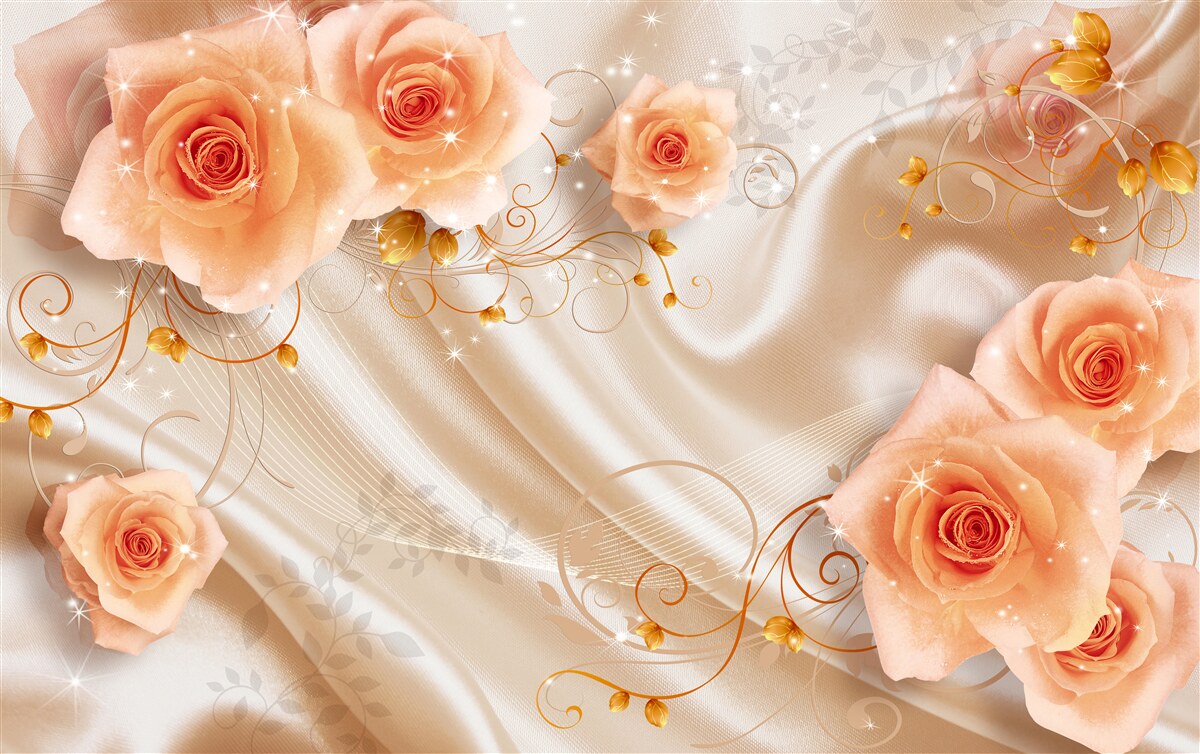 Papier peint roses orange sur satin de soie