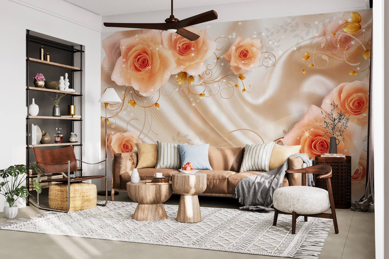 Papier peint roses orange sur satin de soie