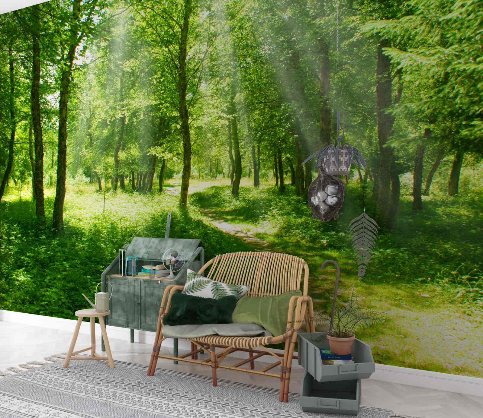 Papier peint les rayons du soleil brillent à travers les couronnes des arbres de la forêt