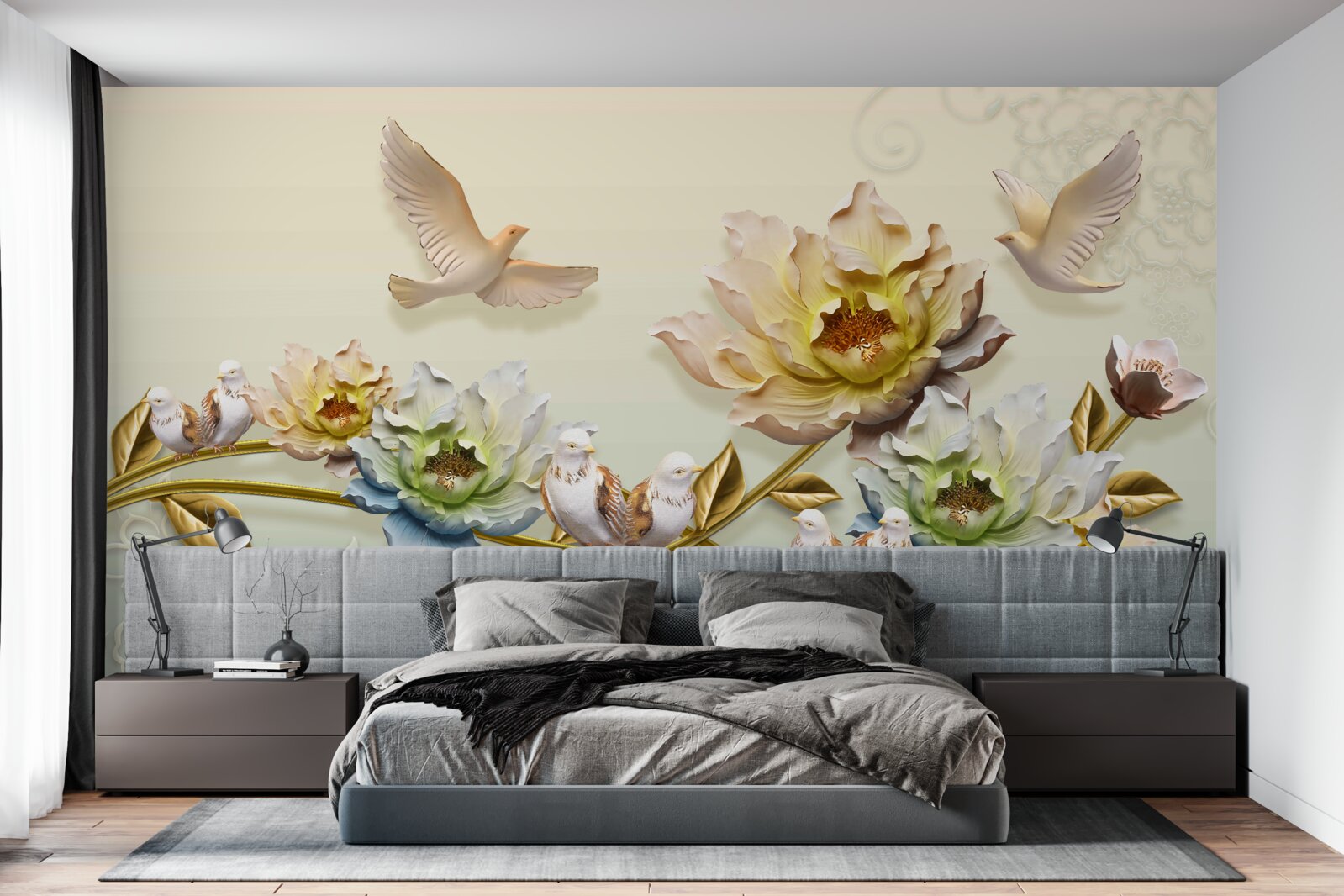Papier peint branche décorée de fleurs, pigeons dessus