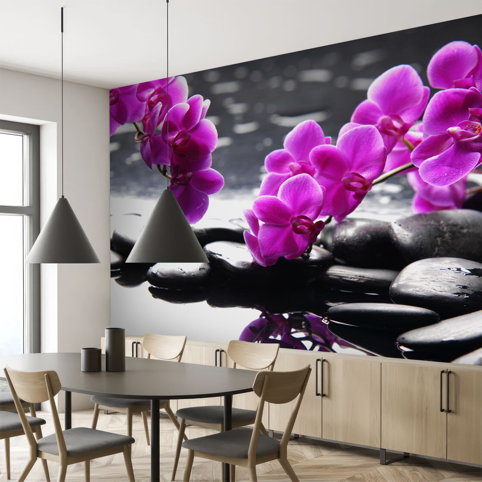 Papier peint orchidée de couleur lilas, sertie sur des pierres noires mates
