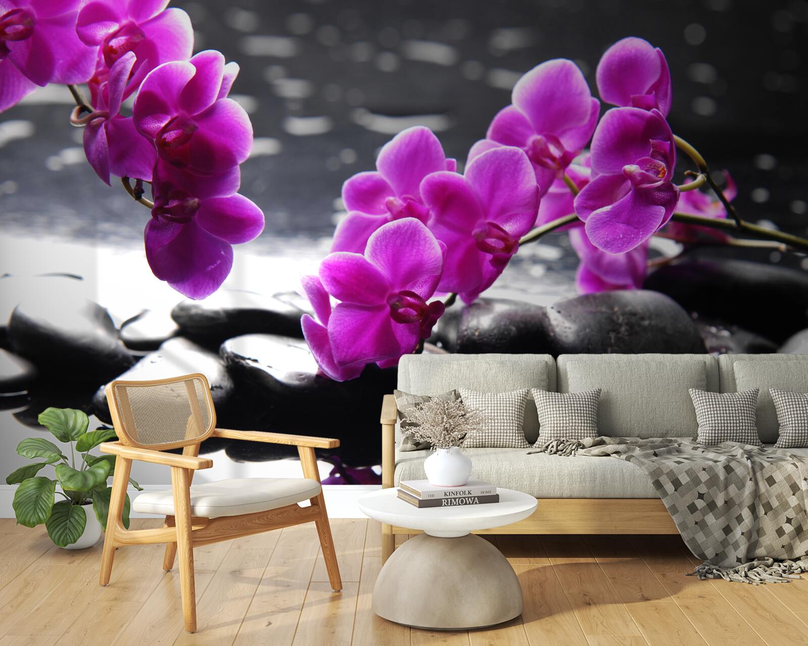 Papier peint orchidée de couleur lilas, sertie sur des pierres noires mates