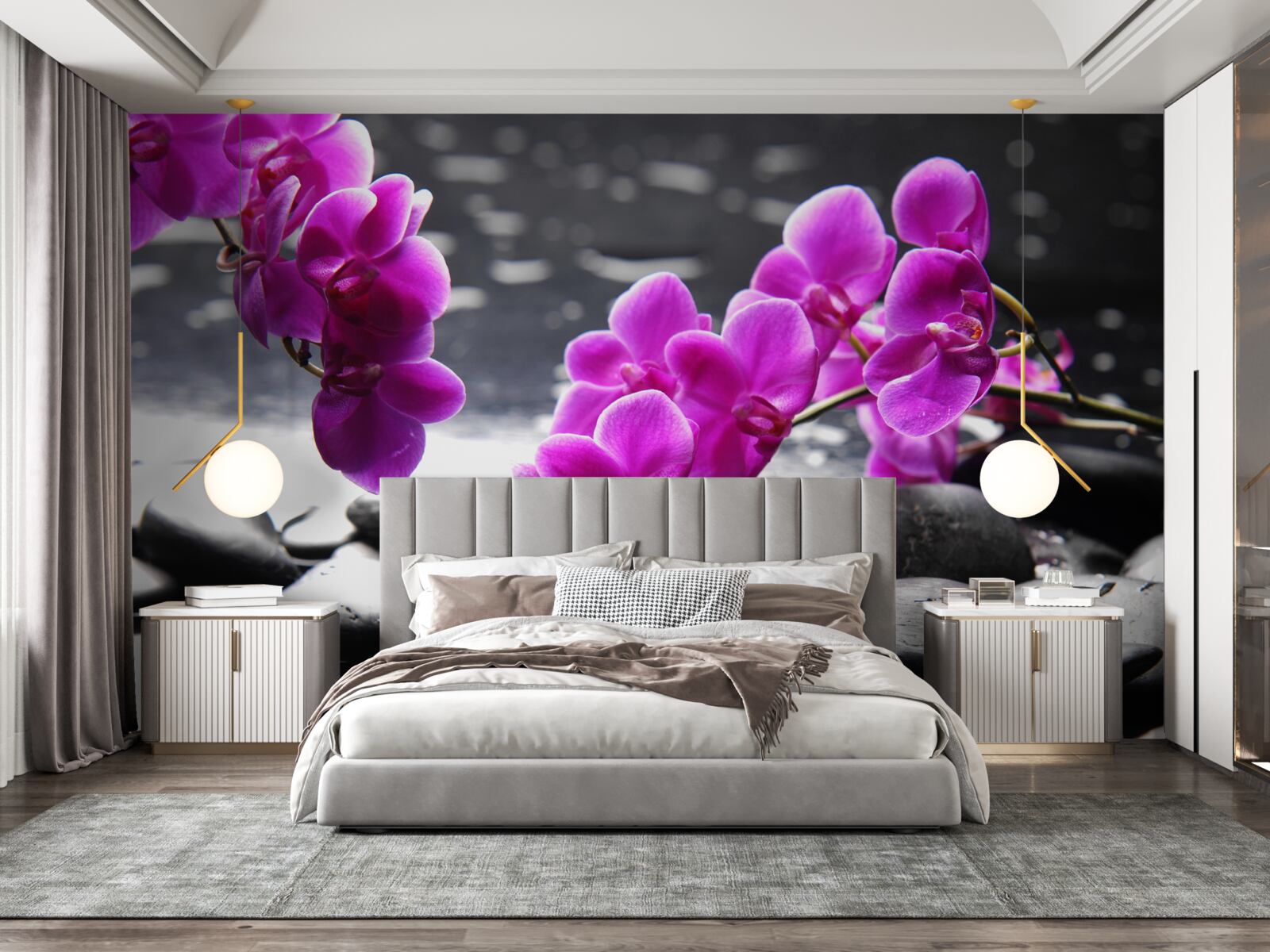 Papier peint orchidée de couleur lilas, sertie sur des pierres noires mates
