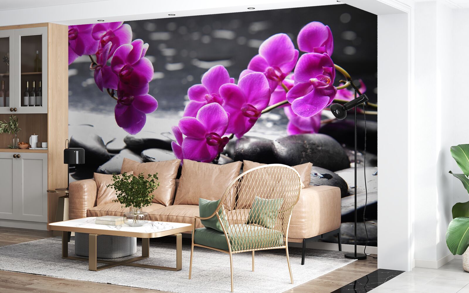 Papier peint orchidée de couleur lilas, sertie sur des pierres noires mates