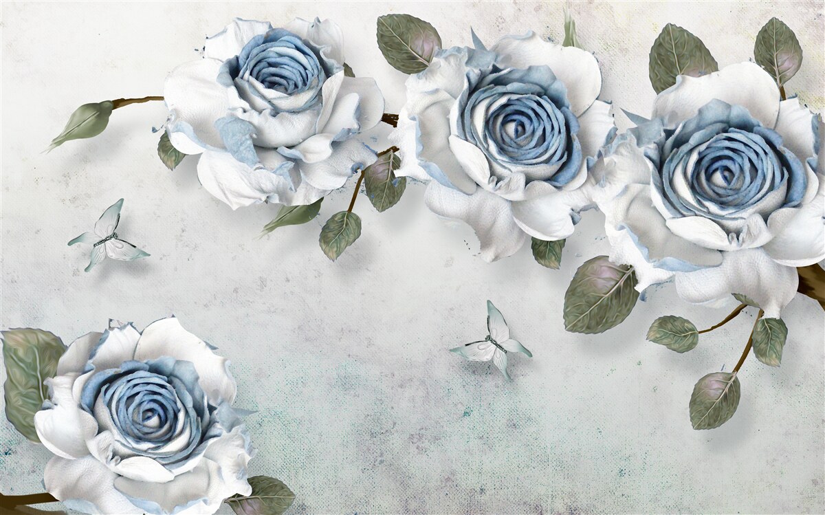 Papier peint roses bleutées sur fond gris