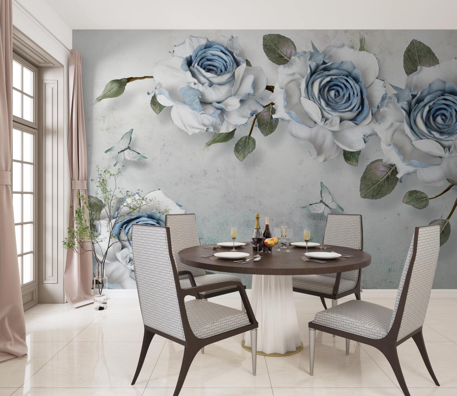 Papier peint roses bleutées sur fond gris