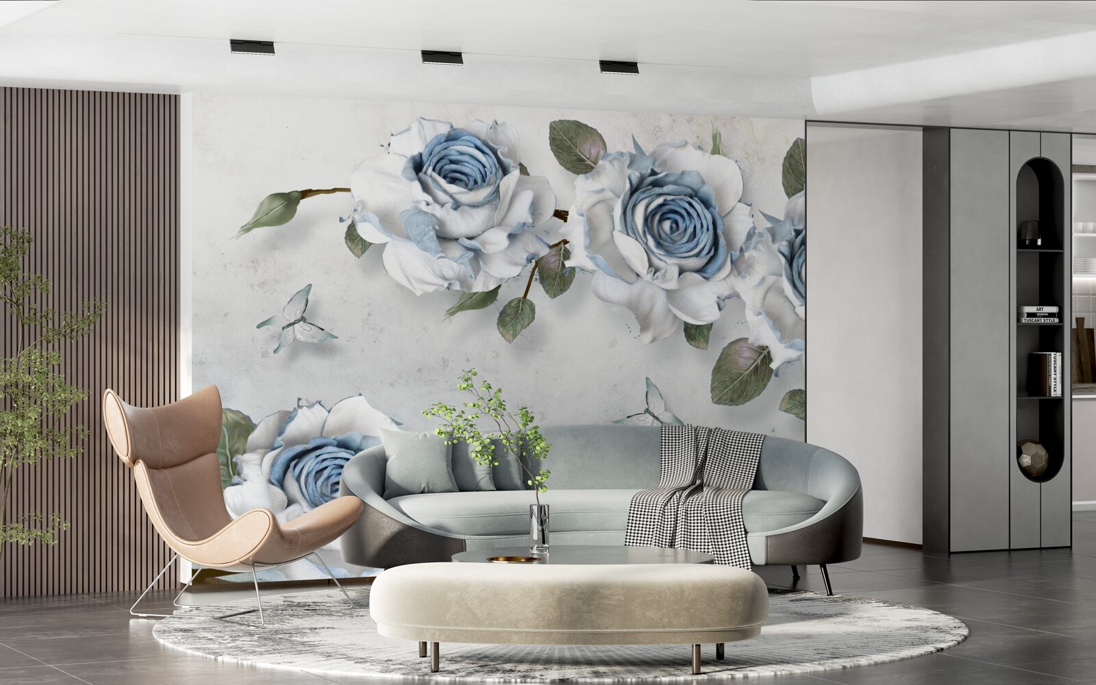 Papier peint roses bleutées sur fond gris