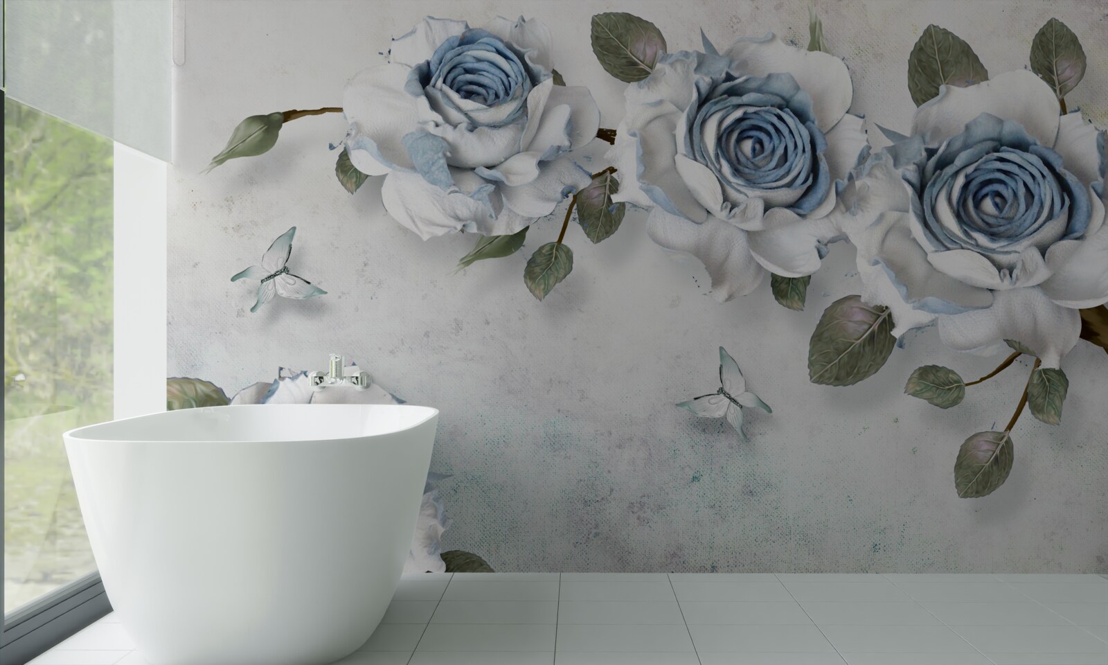 Papier peint roses bleutées sur fond gris
