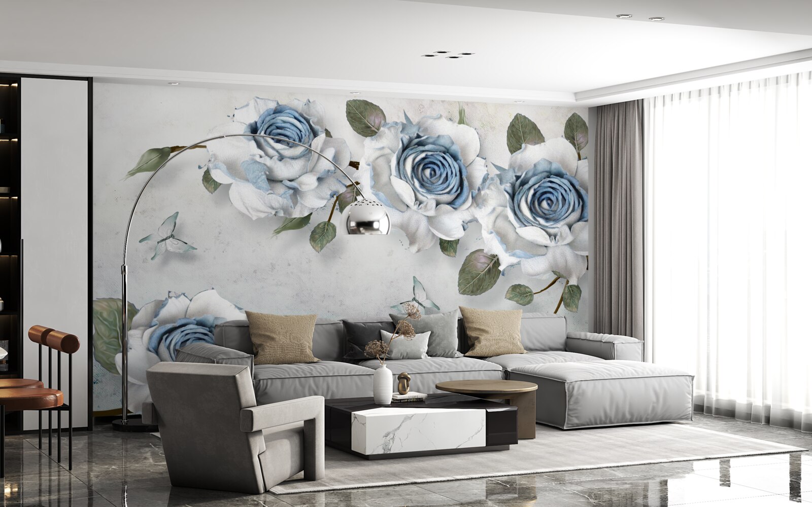 Papier peint roses bleutées sur fond gris