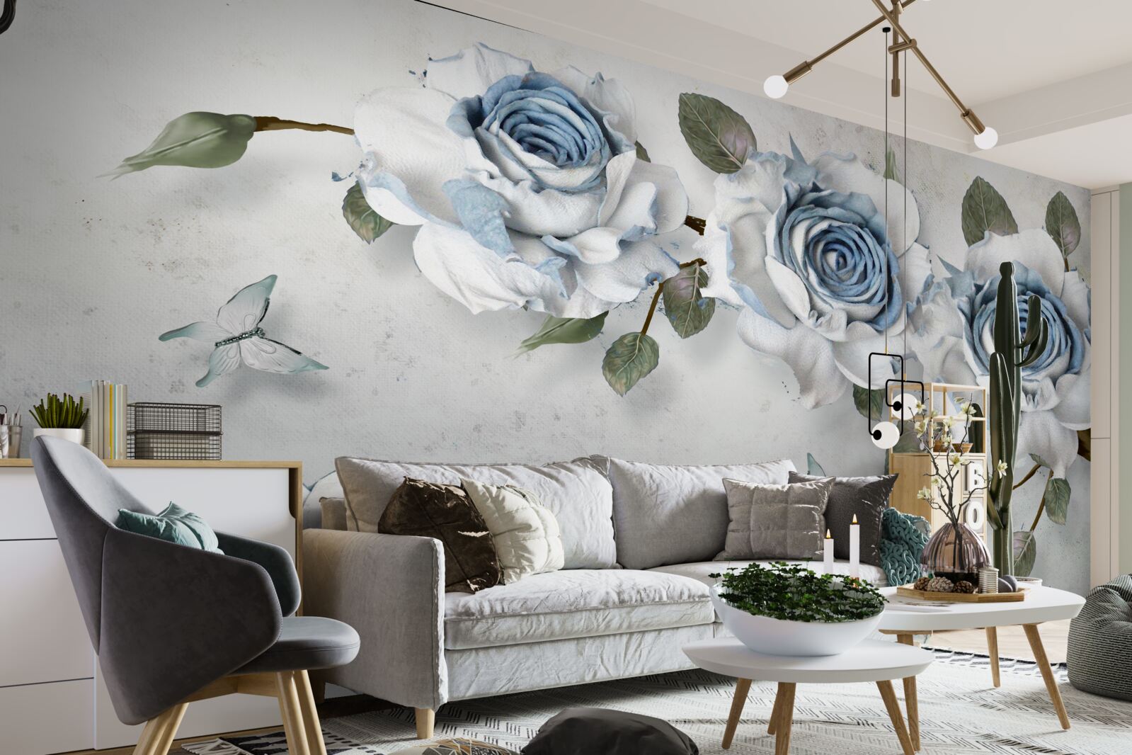 Papier peint roses bleutées sur fond gris