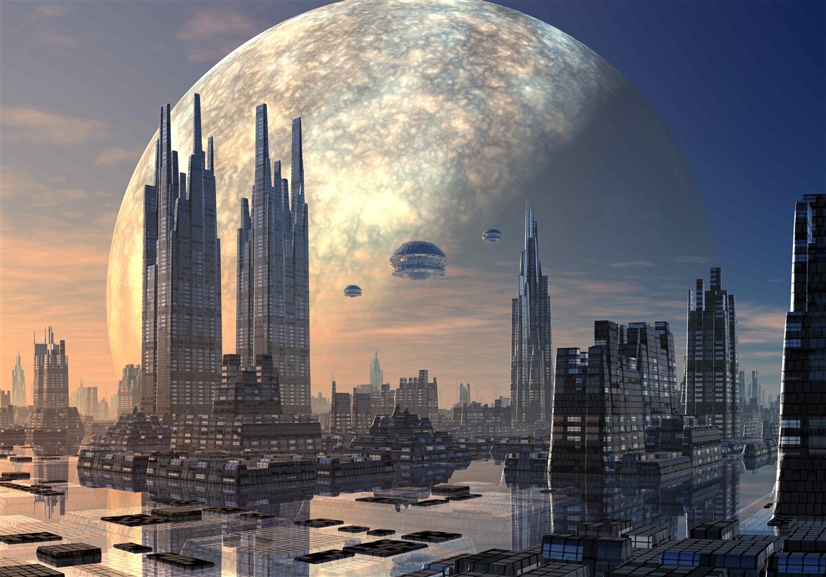 Papier peint ville futuriste au clair de lune