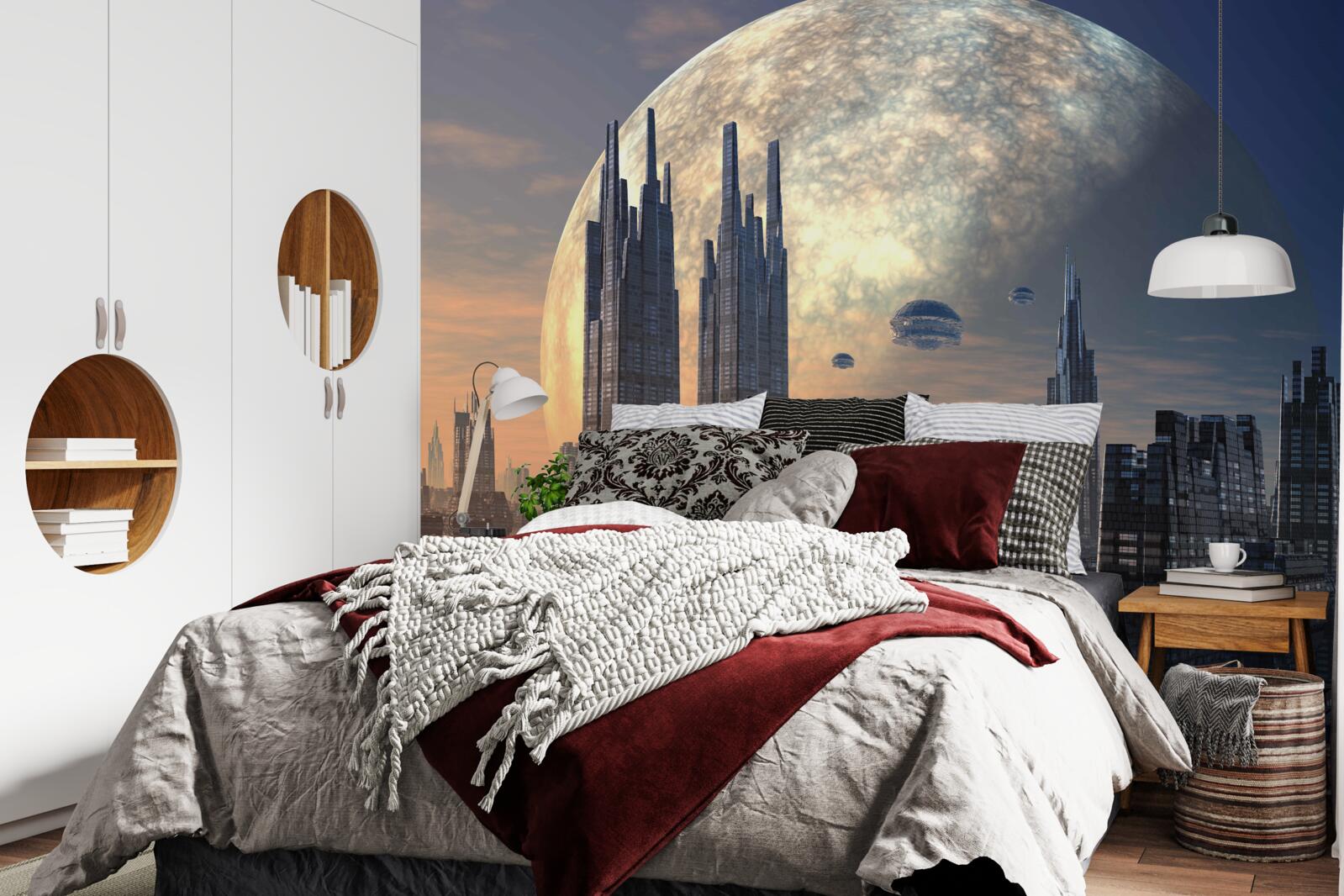 Papier peint ville futuriste au clair de lune