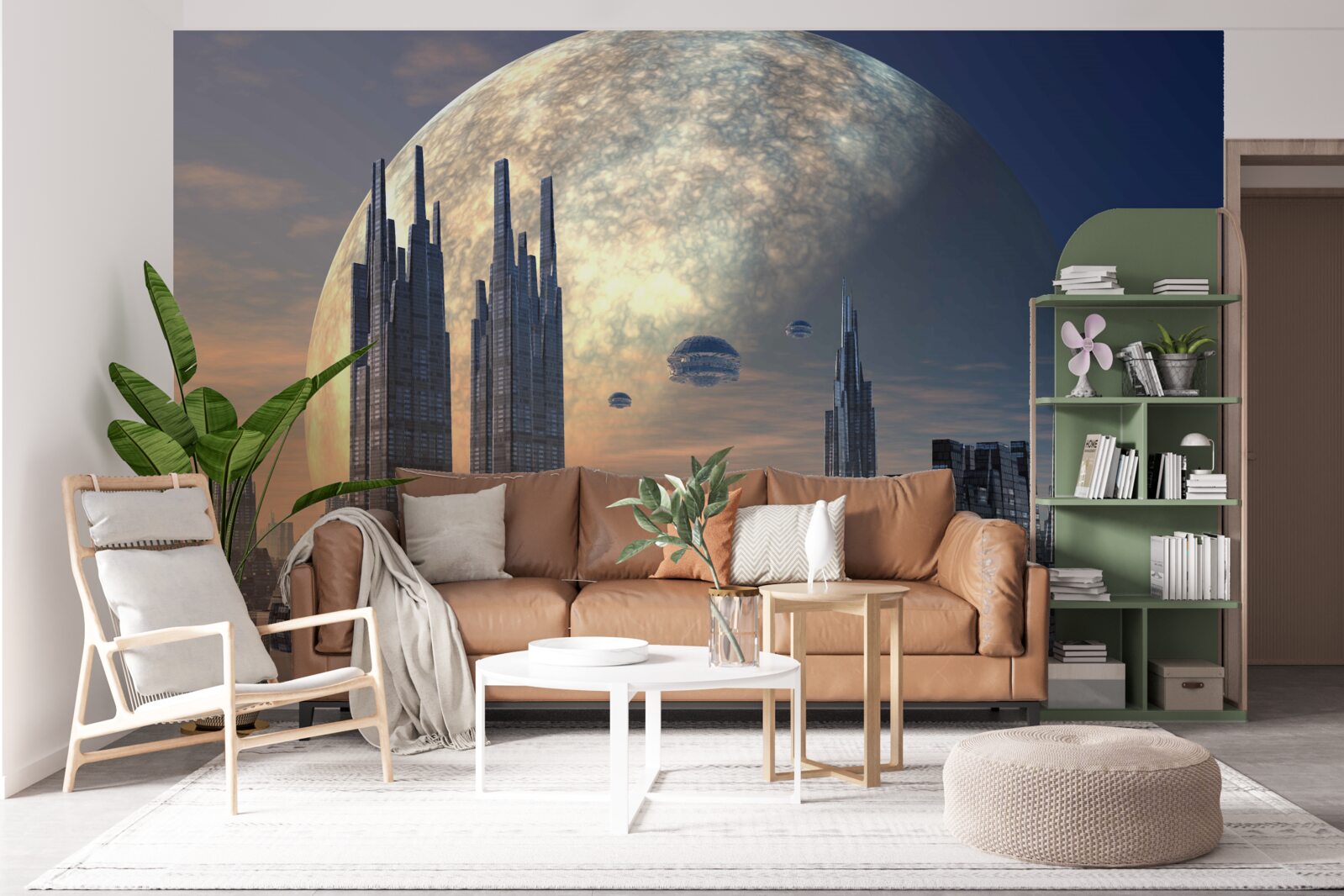 Papier peint ville futuriste au clair de lune