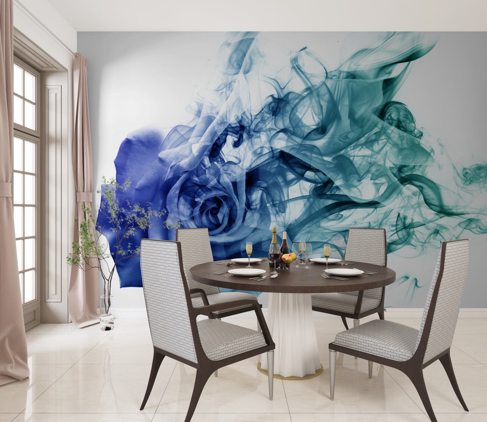 Papier peint rose bleue dans une brume de bleu céleste