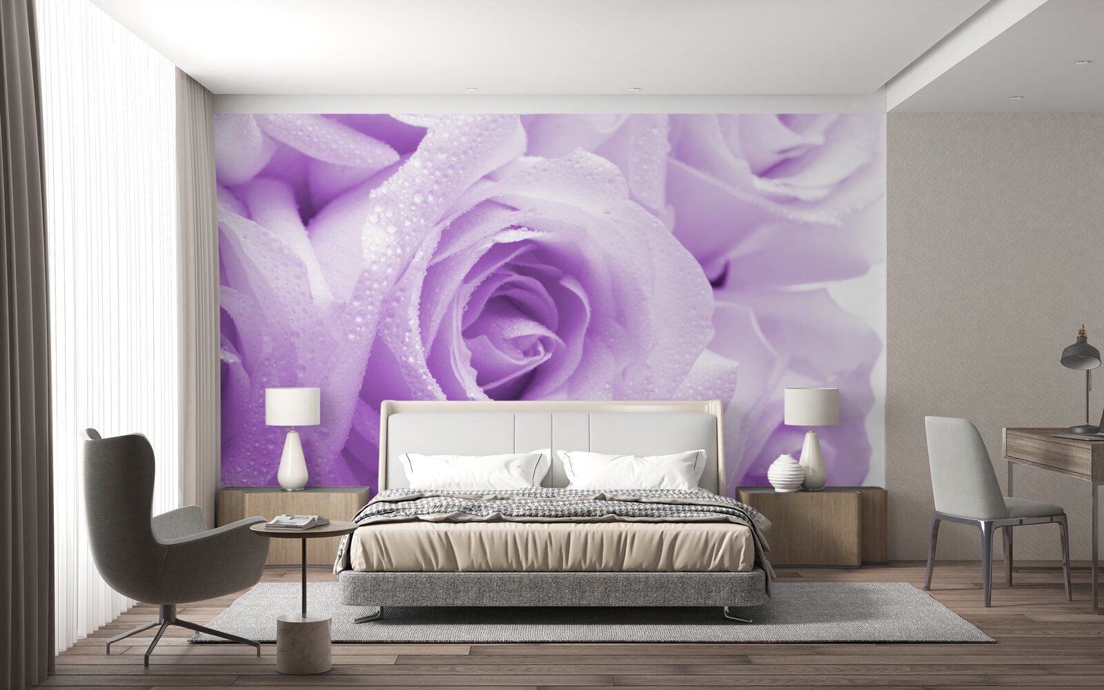 Papier peint bouquet de roses lilas délicates